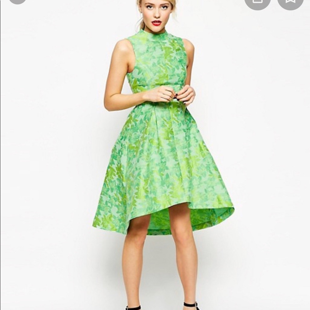 Jacquard green high low dress. Size 8